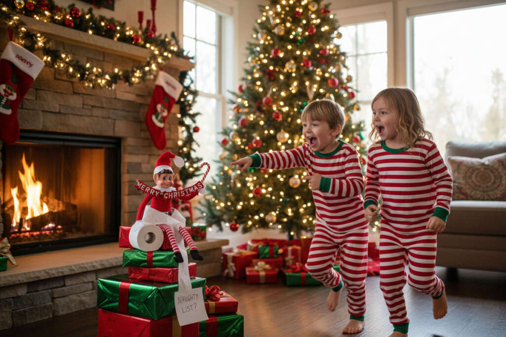 zaskoczenie dzieci elfem o poranku